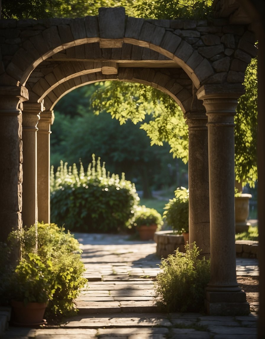A stone pergola stands in a rustic outdoor space, surrounded by lush greenery. The sun casts dappled shadows on the weathered pillars, creating a tranquil and inviting atmosphere