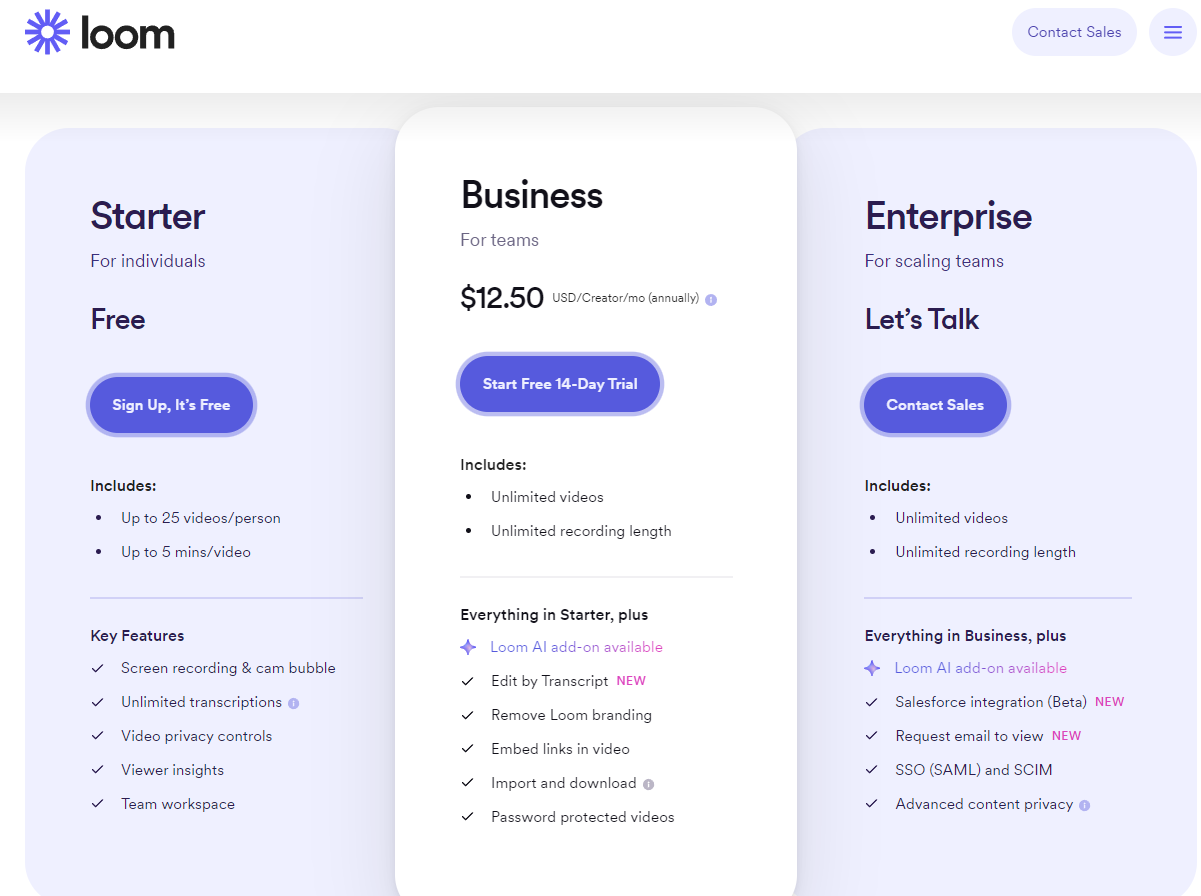 Pricing Plans for Loom