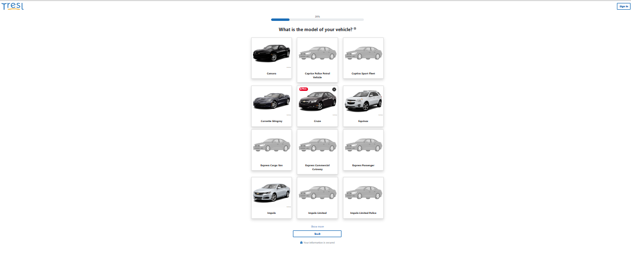 A screenshot of a computer screen showing Tresl's refinancing signup with vehicle model selection