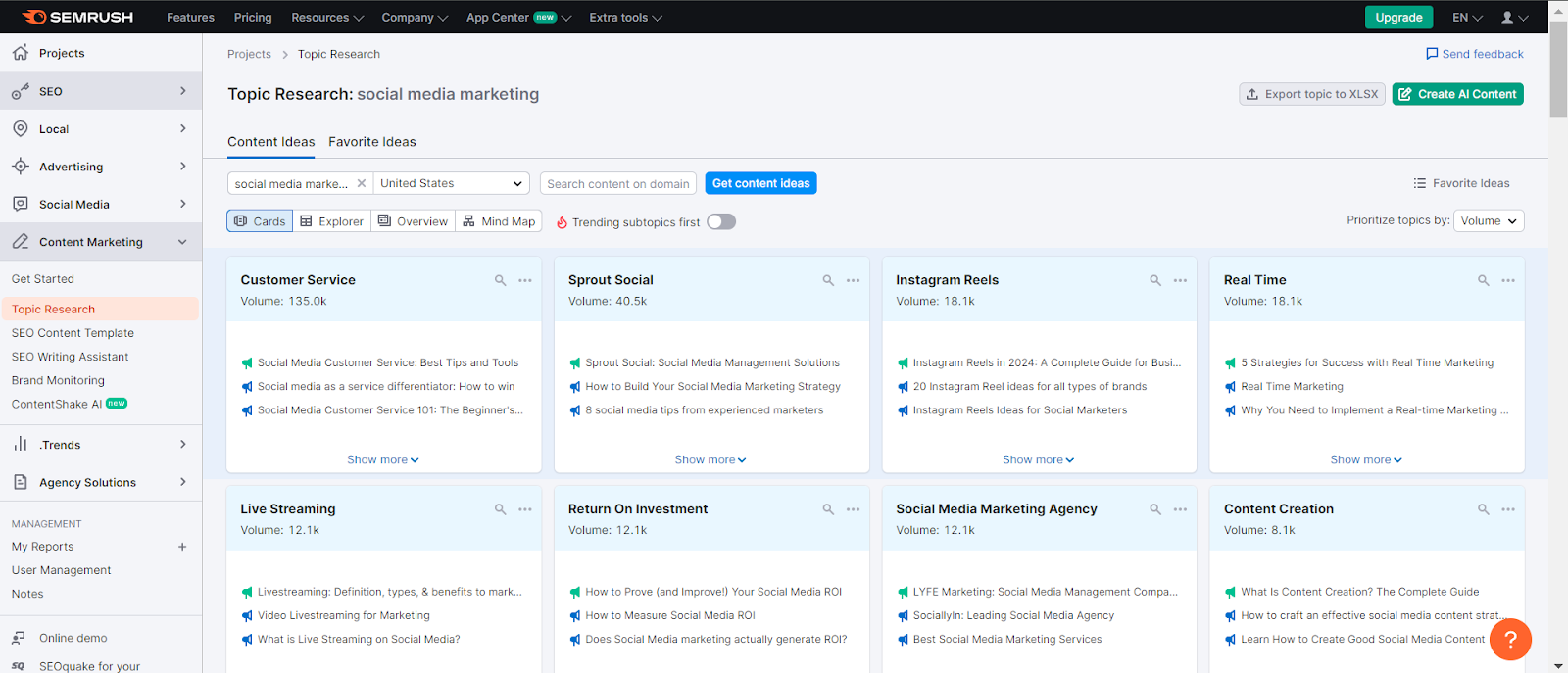 Semrush’s Topic Research dashboard - Semrush vs Ahrefs