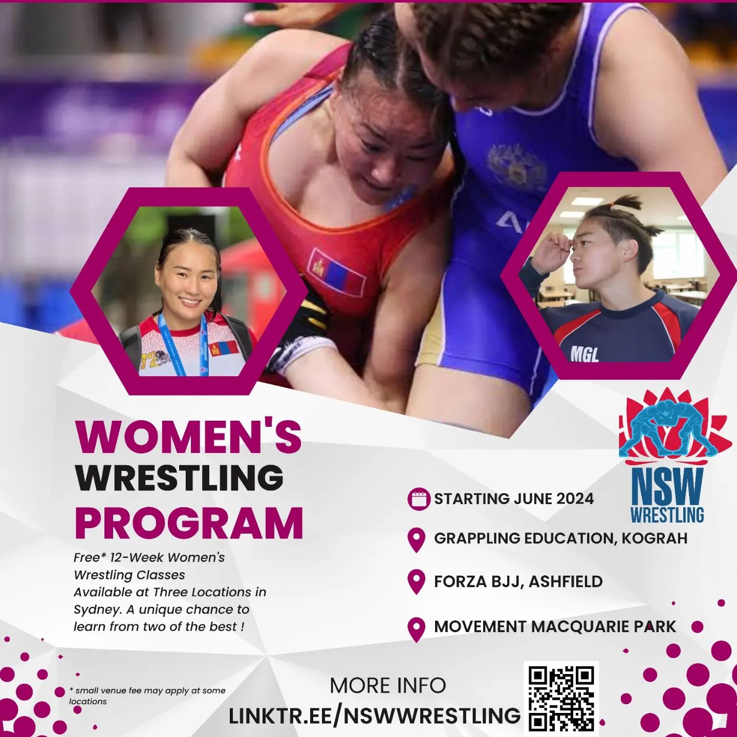 Photo by NSW Wrestling in Sydney, Australia with @hutulun_shine, @o.nasanburmaa, @grapplingeducation, @movementmartialarts, @wrestling.australia, @forzajiujitsu, @mlackpt, and @sydneywrestlingacademy. May be an image of ‎3 people and ‎text that says '‎MGL STARTINGJUNE2024 STARTING JUNE 2024 WOMEN'S WRESTLING PROGRAM Free* 12-Week Women's Wrestling Classes Available at Three Locations in Sydney. unique chance to to Jearn from two of the best! NSW WRESTLING GRAPPLING EDUCATION, KOGRAH FORZA BJJ, ASHFIELD 好下さい ሃማግህ (연전 נקרד noy atiar MOVEMENT MACQUARIE PARK at ច០កា MORE INFO LINKTR.EE/NSWWRESTLING‎'‎‎.