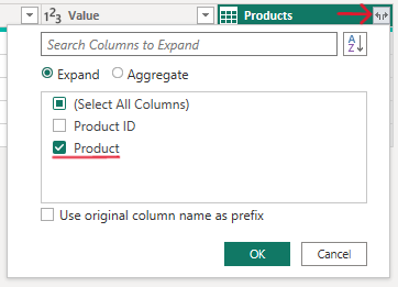 Select columns to expand after merging tables