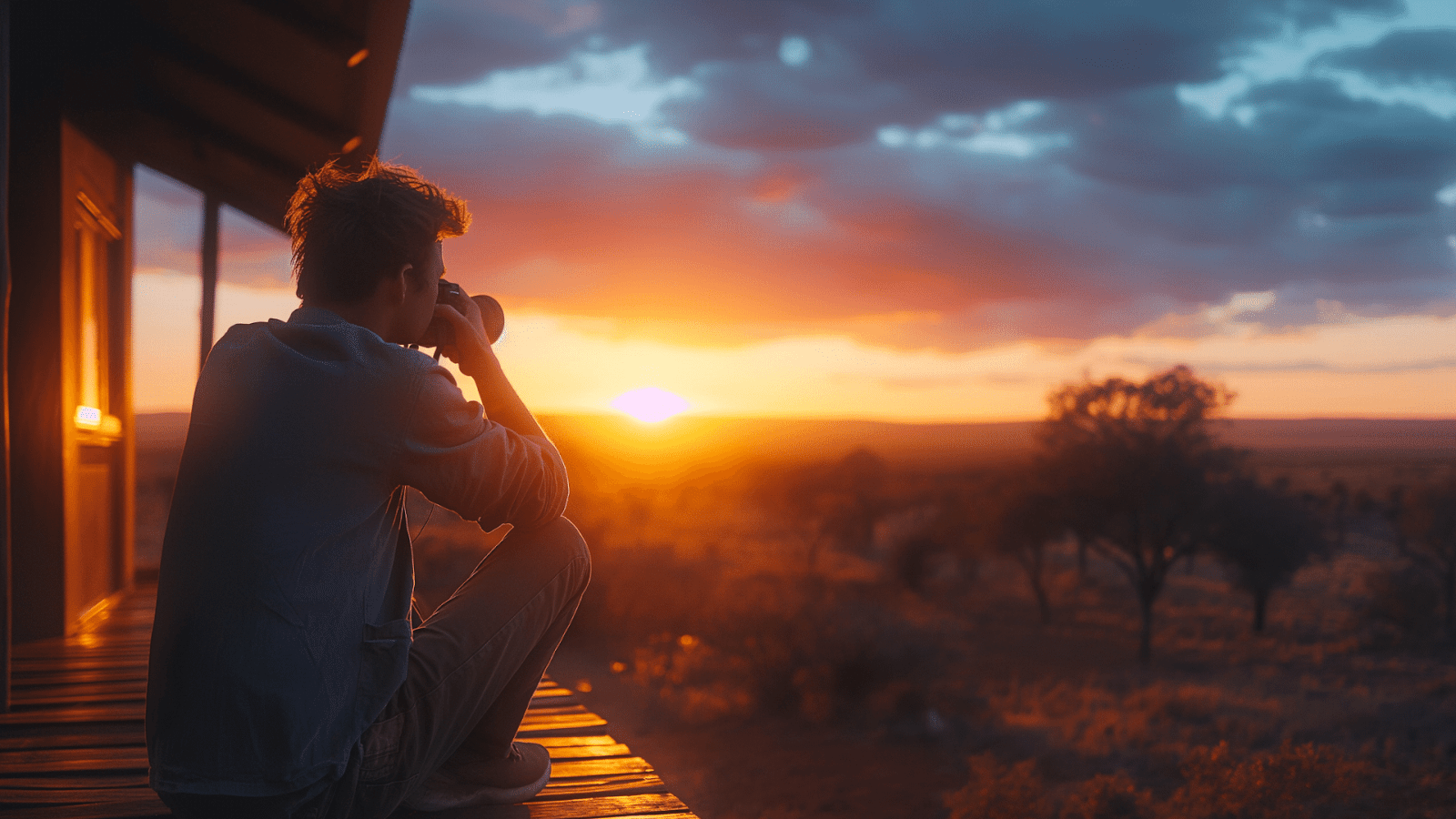 A man capturing sunset views over a savanna from a wildlife viewing cottage rental