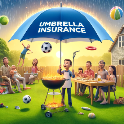 Family enjoying a backyard barbecue under a massive umbrella labeled 'Umbrella Insurance', shielding them from various falling objects like a frisbee, soccer ball, and small branch, illustrating the concept of comprehensive coverage during outdoor activities