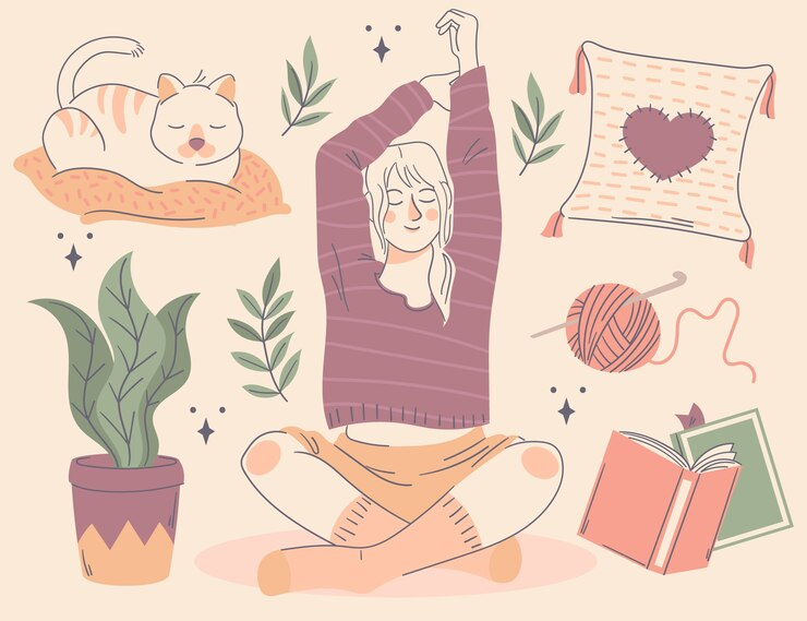 Graphic of a woman doing yoga with a cat, a potted plant, books, and a ball of yarn floating around her