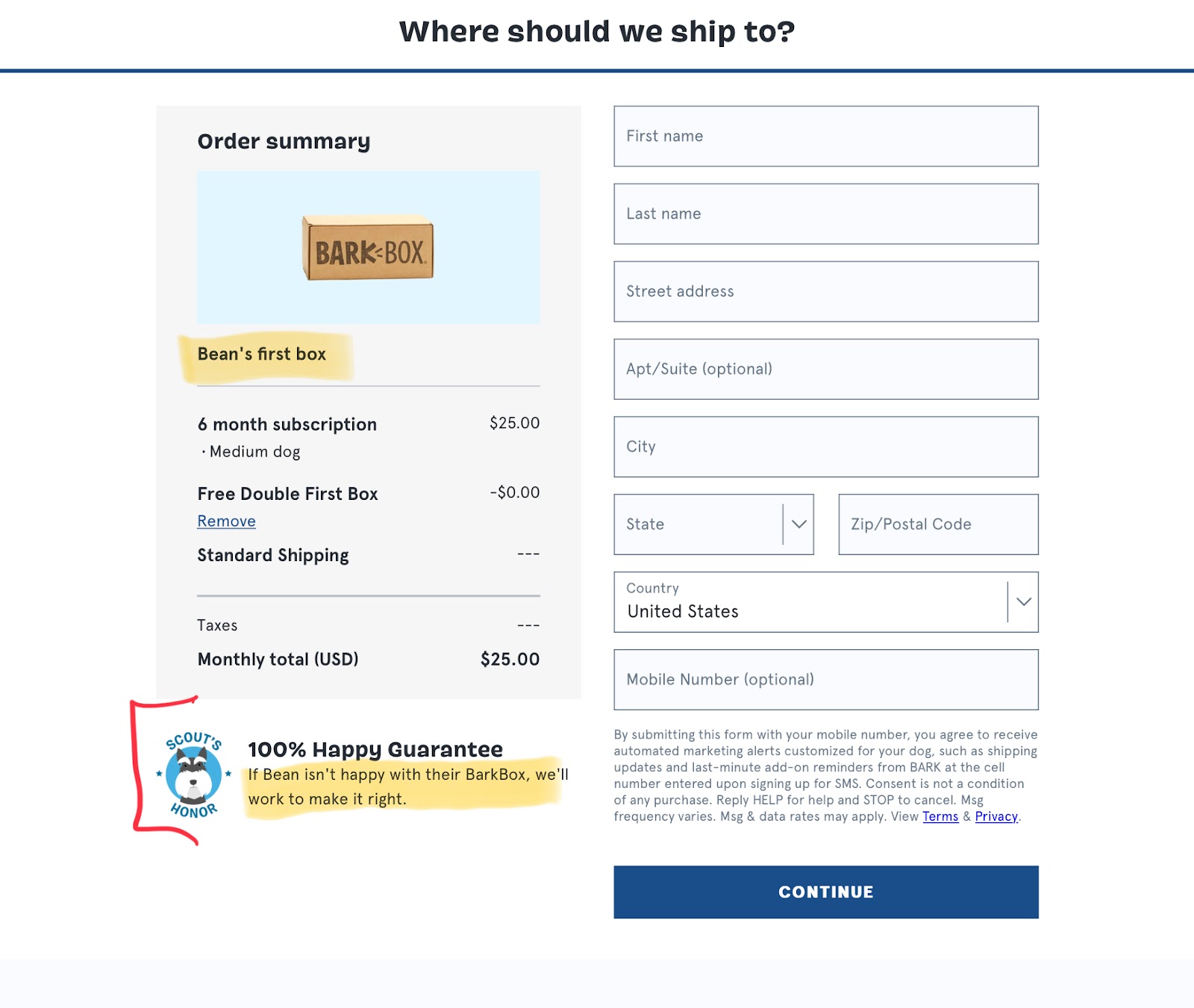 Barkbox ecommerce landing page for billing details screenshot