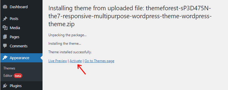 Activte the7 theme wordpress