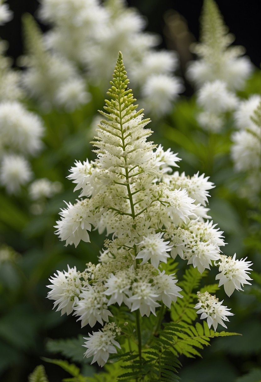 Lush green foliage surrounds a cluster of 31 white astilbe flowers in full bloom, their delicate feathery plumes gently swaying in the breeze