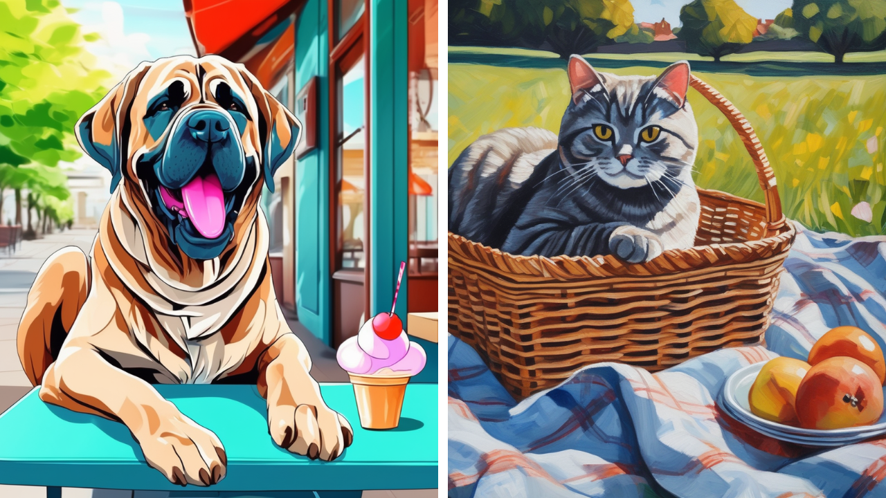 Side-by-side AI pet art of a mastiff dog enjoying ice cream and a grey cat in a picnic basket with fruit