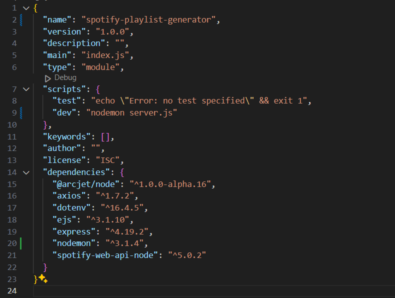 A JSON configuration file named "package.json" contains metadata for a project called "spotify-playlist-generator." It specifies the version as 1.0.0 and lists scripts for testing and development. The dependencies include various Node.js modules such as "@arcjet/node," "axios," "dotenv," "ejs," "express," "nodemon," and "spotify-web-api-node."