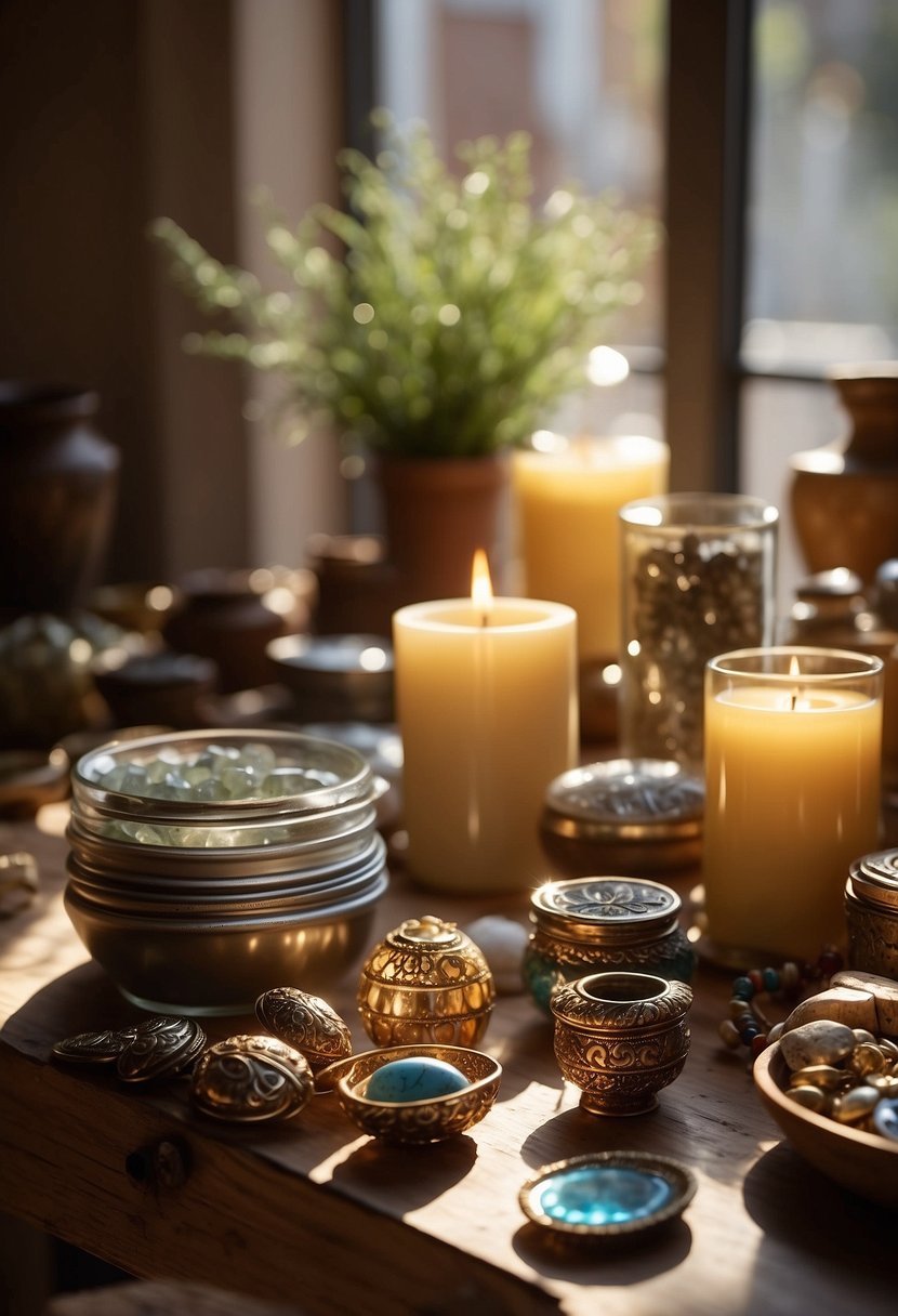 A table filled with handmade crafts, including jewelry, candles, and pottery. A sign reads "31 Money Making Crafts That Sells Easily." Sunlight streams through a window, highlighting the products