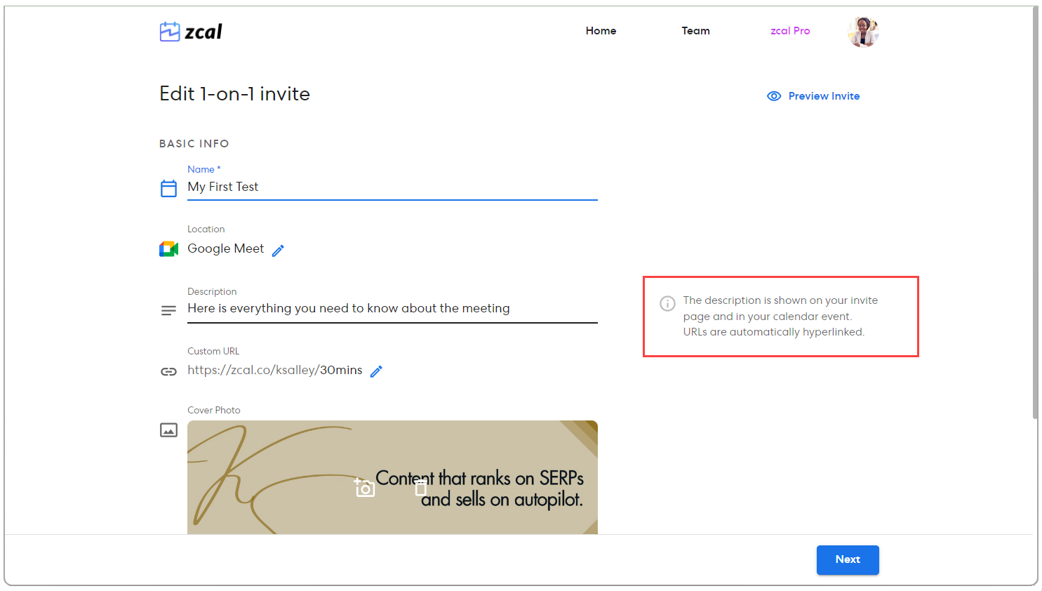 zcal's tooltips explain the different input fields when setting up an invite page