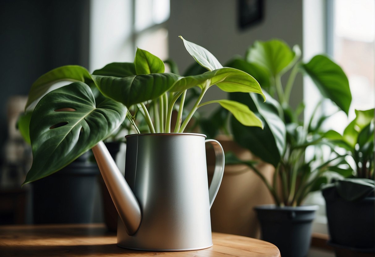 A Philodendron plant sits in a well-lit room, surrounded by bags of fertilizer and bottles of plant food. A watering can is nearby, ready to nourish the plant