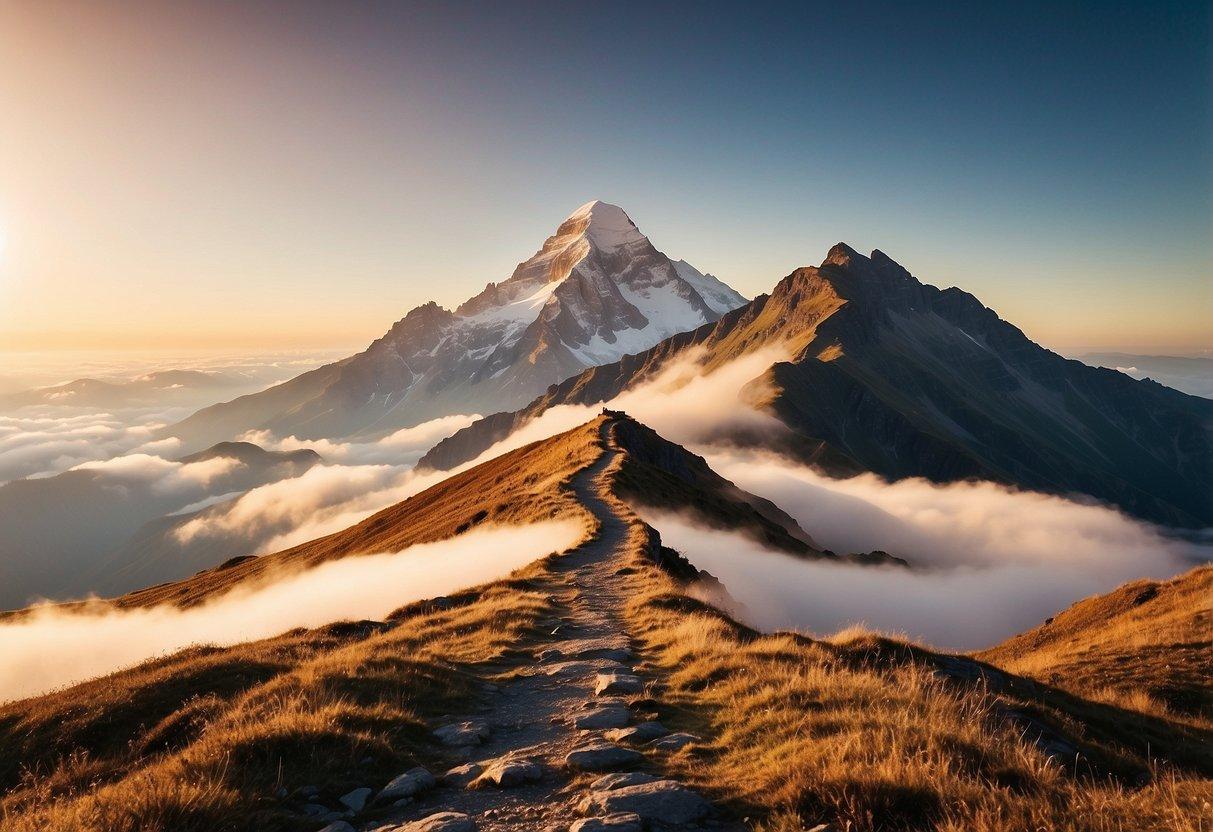 A mountain peak towering above the clouds, bathed in golden sunlight, with a winding path leading to the top