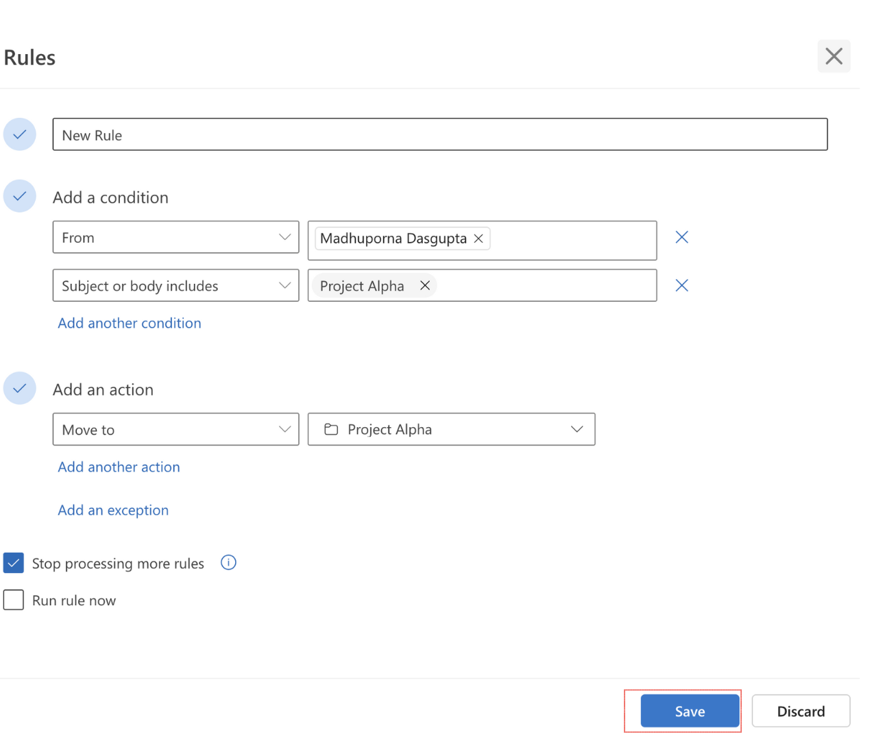 Saving the filter with multiple conditions in Outlook