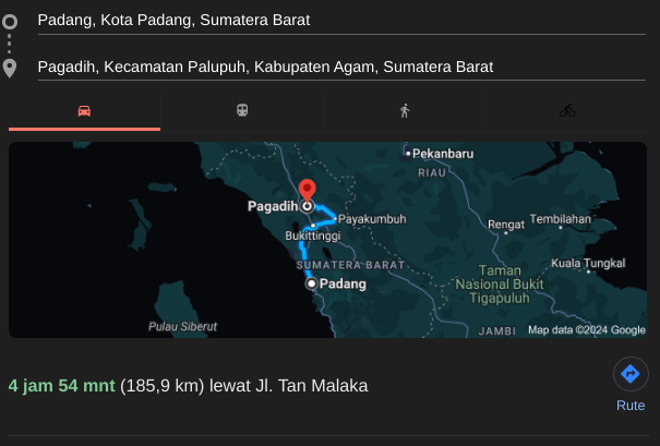 jarak tempuh kota padang menuju desa pagadih