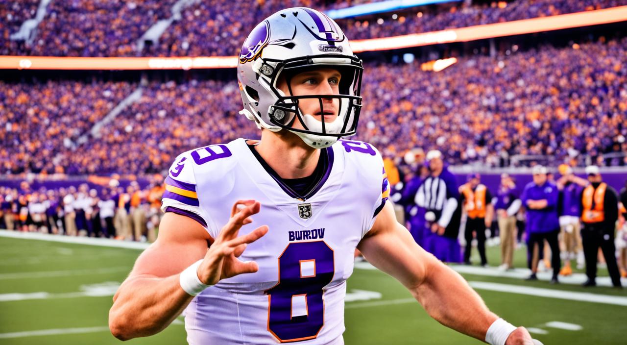 Joe Burrow standing tall and proud in his NFL uniform, gazing confidently at the field before him as he prepares to lead his team to victory. His muscles tense as he grips the ball tightly, ready to make the perfect throw. The sun shines down on him, casting a warm glow over his determined expression. In the background, a cheering crowd energizes him with their passionate support.