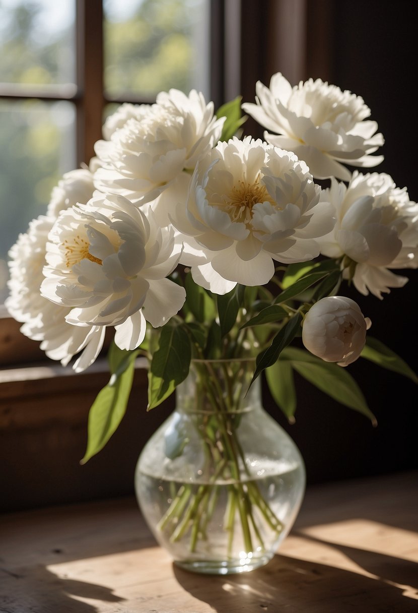 A vase of white peonies sits on a rustic wooden table, surrounded by scattered white flower petals. Sunlight streams in from a nearby window, casting soft shadows on the delicate blooms