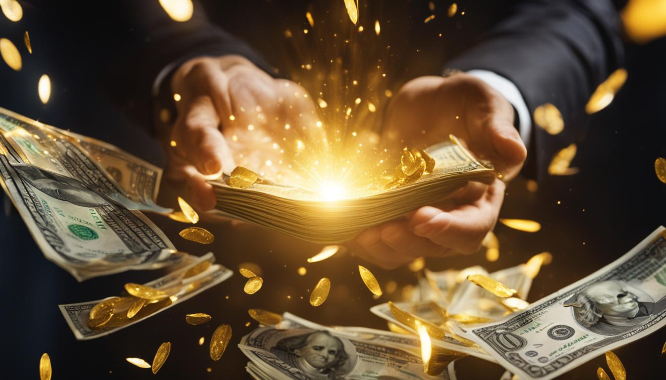 A hand reaching out from a YouTube screen, holding a pile of money in its palm. The screen is surrounded by a golden aura and there are sparks of light emanating from the hand and the money.