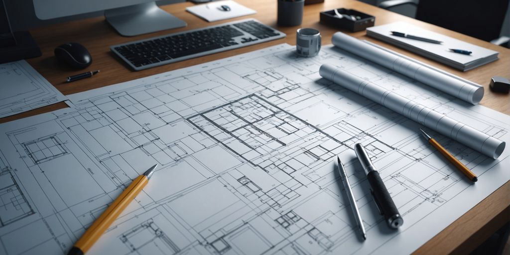 Architectural blueprints and tools on a desk