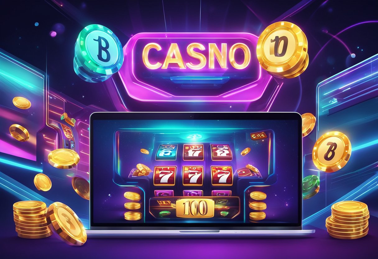 A vibrant online casino with futuristic design elements and cutting-edge technology. Bright lights and sleek interfaces create an immersive and modern gaming environment