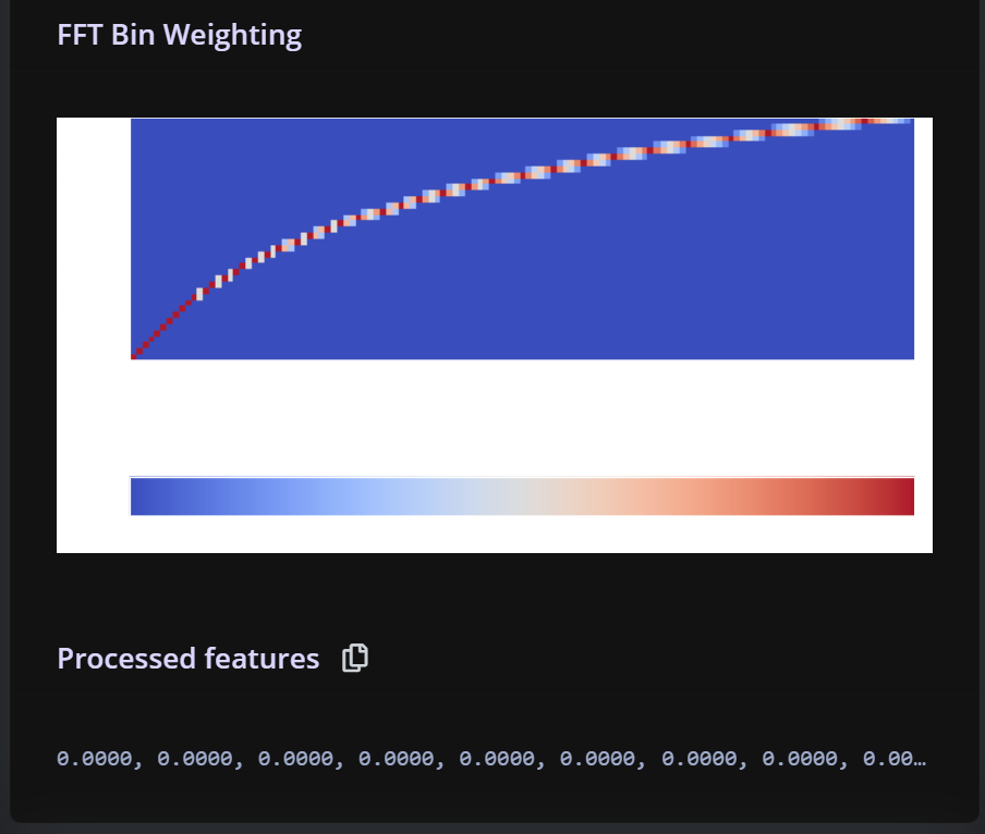 This image shows the FFT (Fast Fourier Transform) Bin Weighting visualization in Edge Impulse. It displays a curved line graph with colors transitioning from red (low frequencies) to blue (high frequencies). Below is a color scale bar and a snippet of processed feature values. This graph represents how different frequency components are weighted in the audio processing, which is crucial for voice recognition model training.