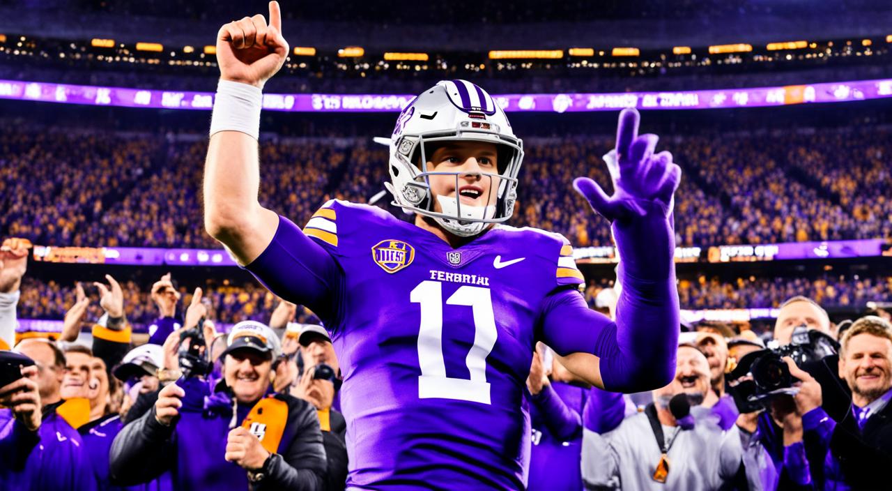 Show Joe Burrow holding the Heisman Trophy with a look of triumph on his face, surrounded by cheering fans and coaches. The stadium lights shine down on him, illuminating the trophy in his hands and casting shadows on his determined expression. In the background, the scoreboard displays his impressive stats from his breakout season as he basks in the glory of his well-earned victory.