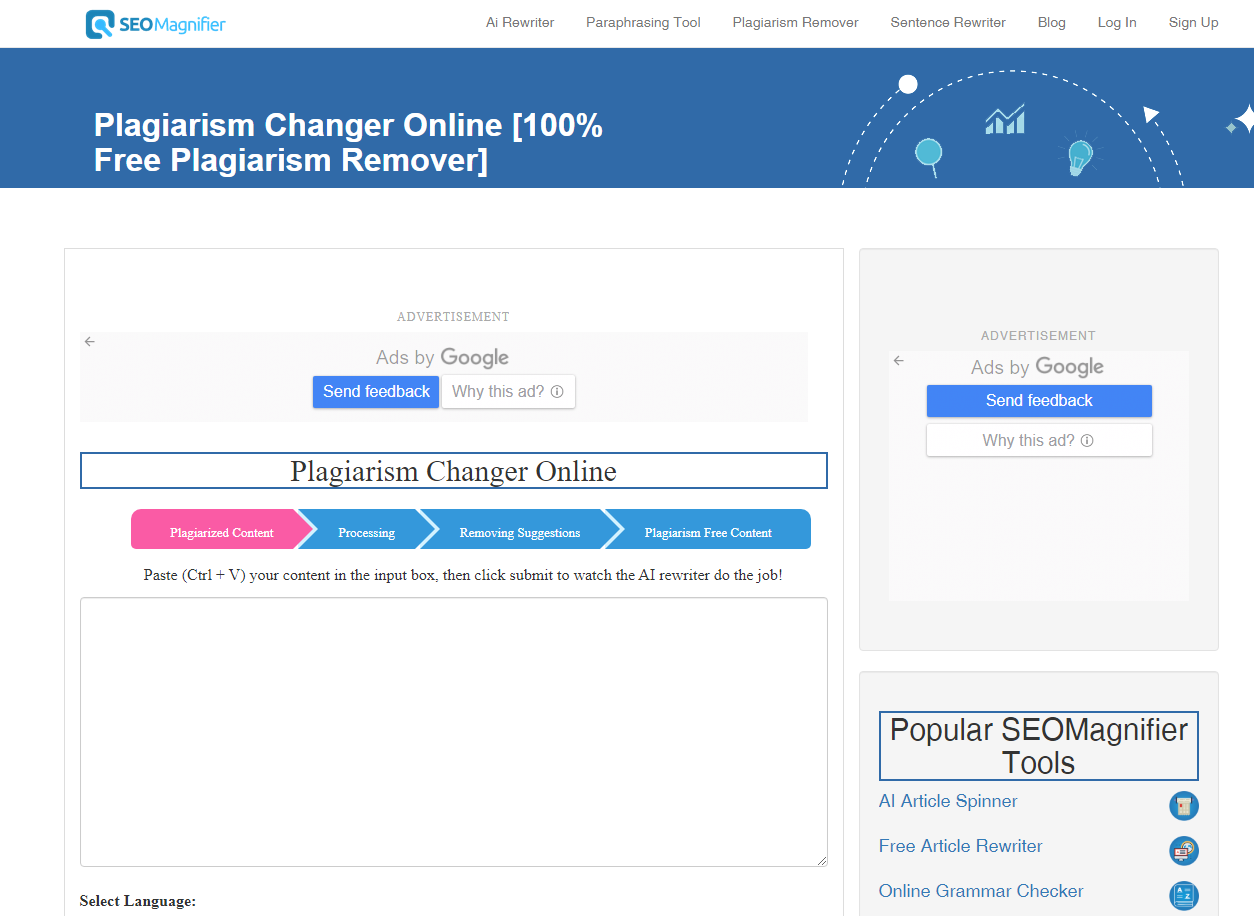 SEOMagnifier's Plagiarism Changer Online