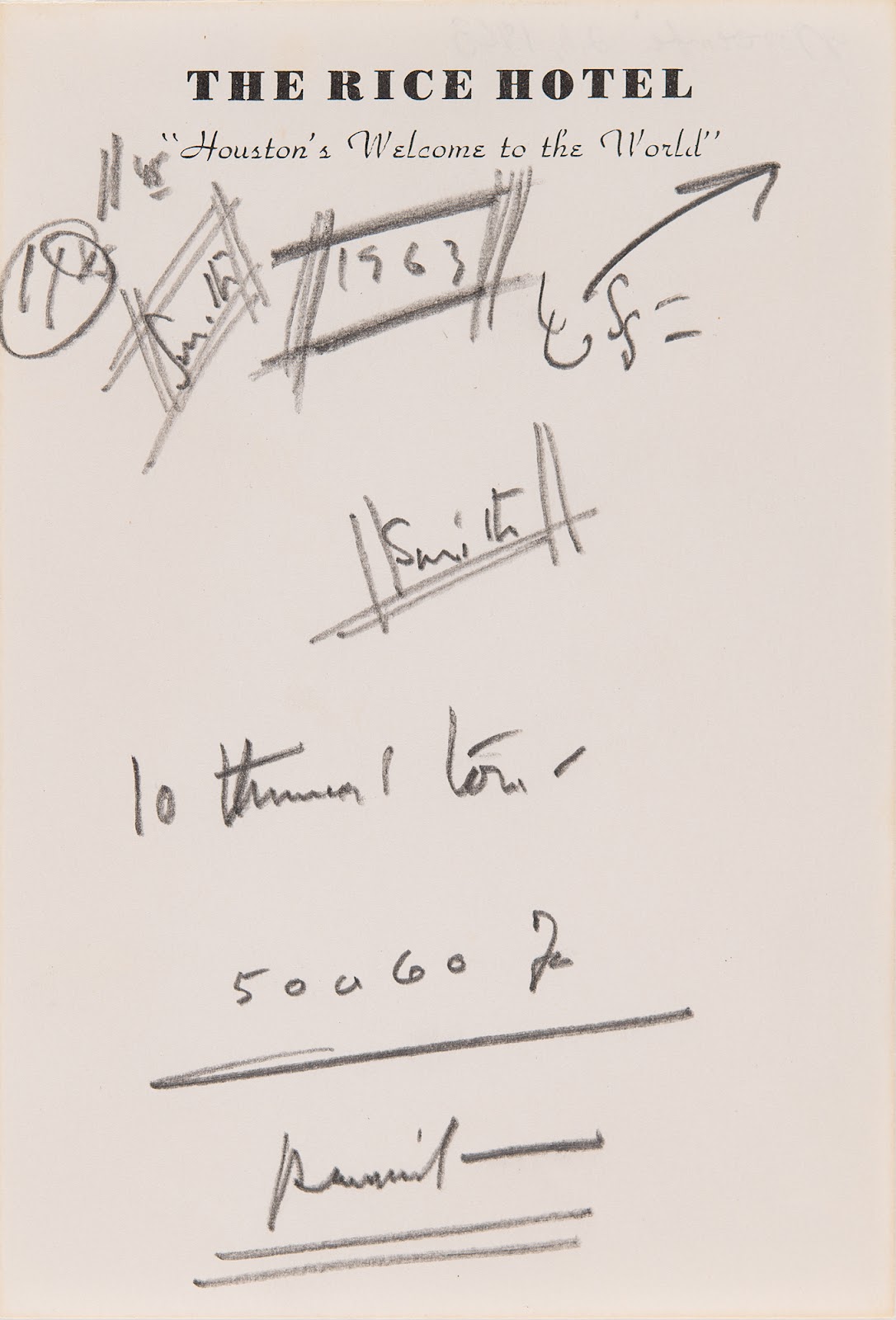 Kennedy’s notes, written in bold pencil on a piece of Rice Hotel stationery.