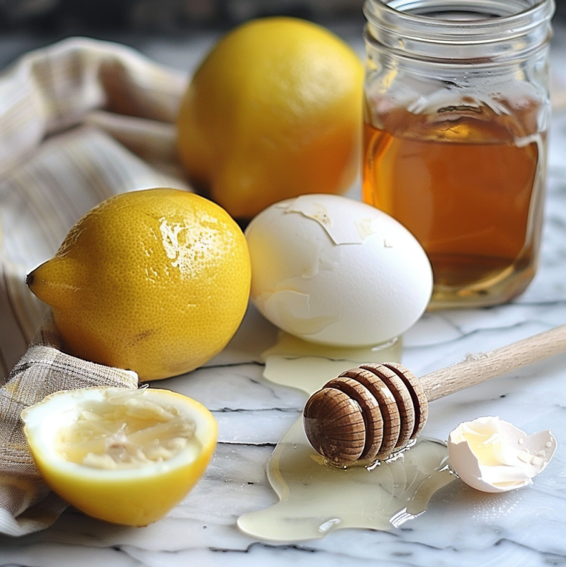 Ingredients for a homemade face mask arranged on a marble surface. The image includes whole lemons, a halved lemon, a cracked egg with its shell, a jar of honey, and a wooden honey dipper. These natural ingredients are artfully displayed, showcasing the simplicity and purity of DIY skincare recipes.