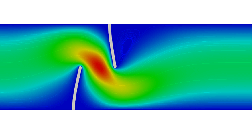 Fluid-Structure Interaction Simulation with Adaptive Mesh. Two micropillars bend due to forced water flow in a microchannel. 