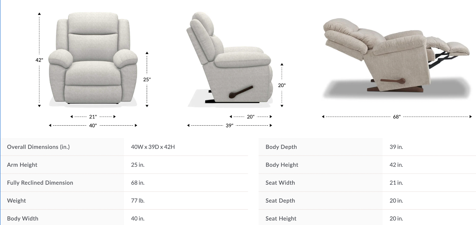 joel rocking recliner dimensions