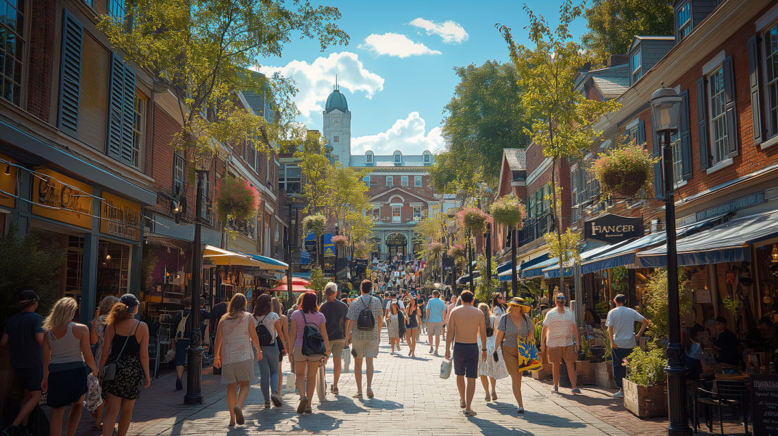 Visitors shopping and strolling at the historic Faneuil Hall Marketplace in Boston.