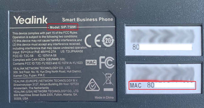 Yealink model and MAC address label