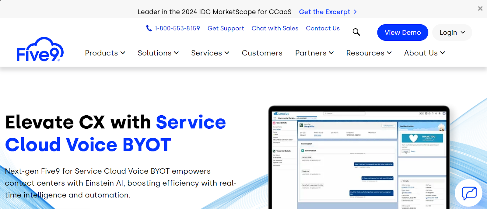 Five9 website snapshot highlighting the services it offers.