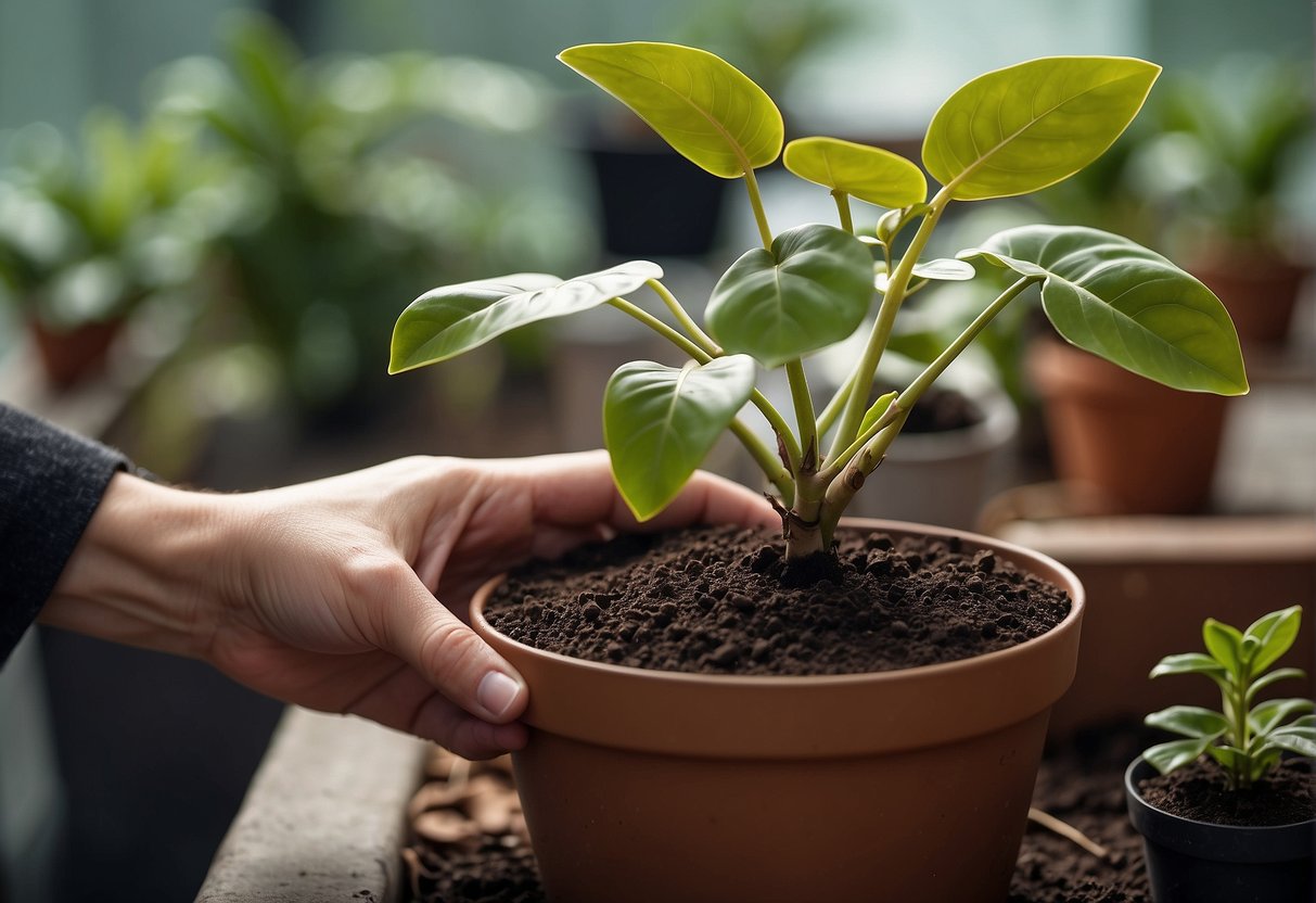 A hand holding a small philodendron plant hovers over a pot of fresh soil, ready to be repotted. A trowel and watering can sit nearby, ready for use