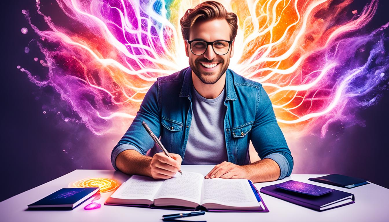 A person sitting at a desk with a journal in front of them, surrounded by glowing, swirling energy. The energy is made up of vibrant colors representing love, health, and wealth. The person has a focused and determined expression as they write in the journal, channeling the positive energy around them to manifest their desires. The journal is open to a page with a list of affirmations and gratitude statements.