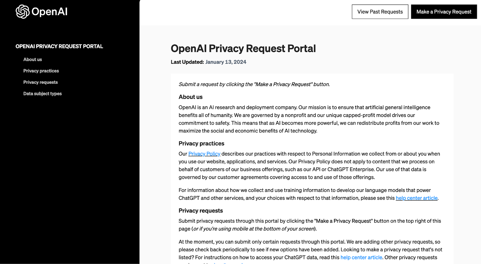 OpenAI公式のOpenAI Privacy Request Portalの画面