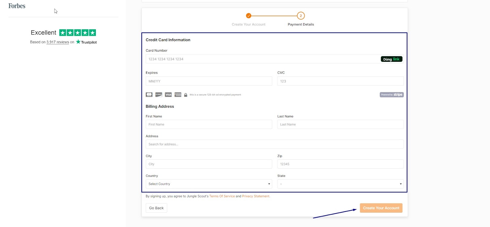 Enter your payment details and click Create Your Account.