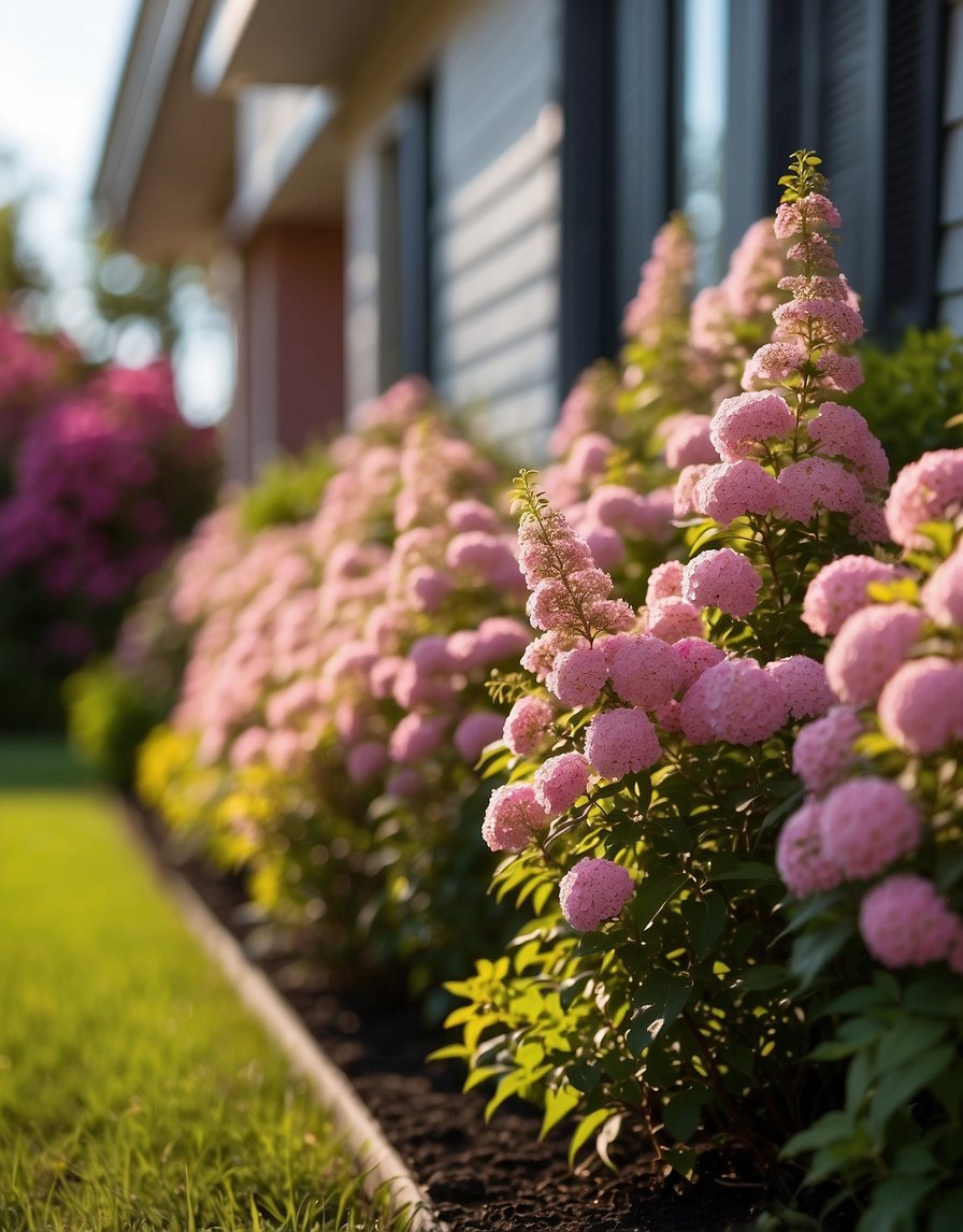 A row of 21 Spirea bushes lines the front of a house, their delicate pink flowers in full bloom, creating a vibrant and colorful display