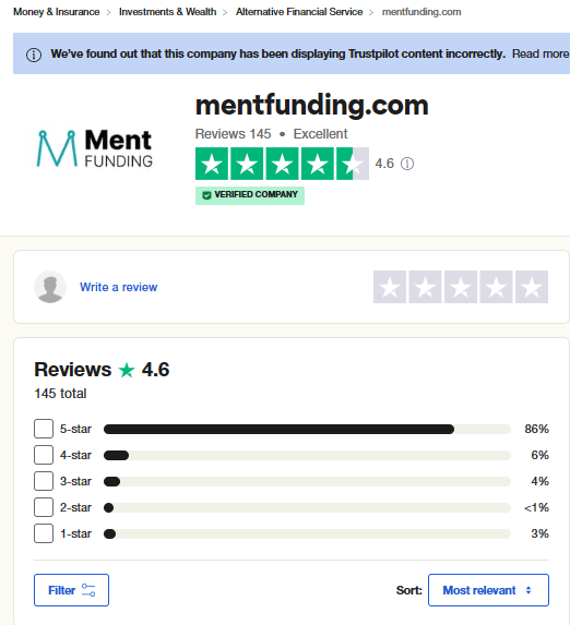 Ment Funding Trustpilot rating