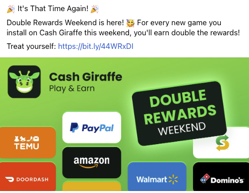 Cash Giraffe advertising a Double Rewards Weekend on Facebook with available rewards in the background, including PayPal, Walmart, and Temu. 