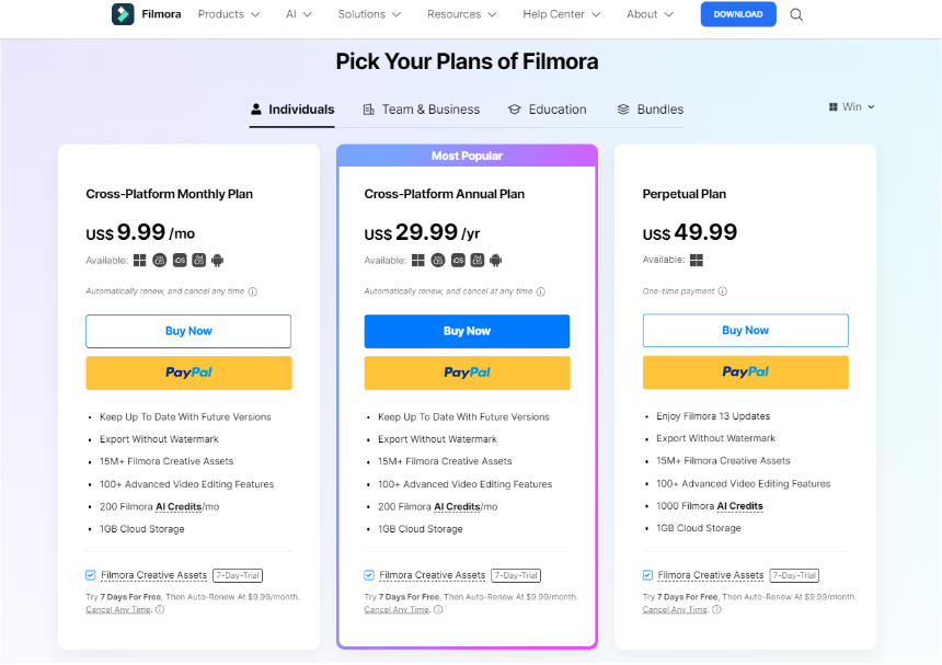 Filmora Wondershare: Pricing Plans