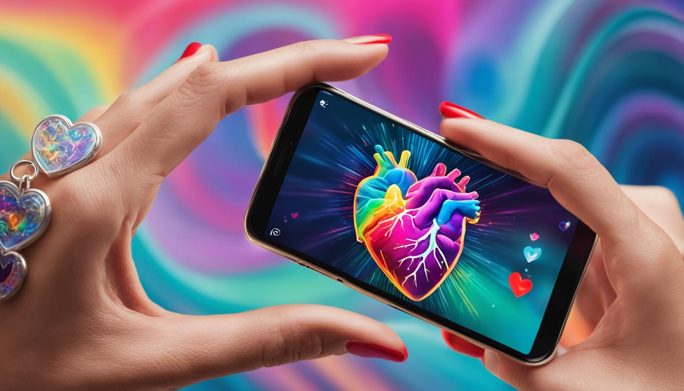 A hand reaching out of a smartphone screen, holding a heart-shaped locket with the image of the crush inside. The hand is surrounded by colorful waves of energy, representing the manifestation process.