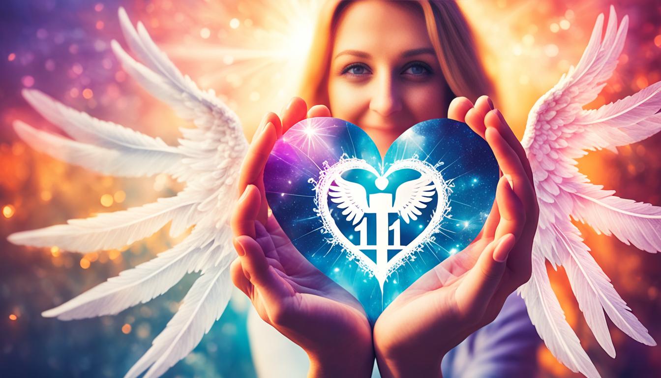 An image depicting the spiritual significance of 11/11 by incorporating angel numbers and symbols associated with love. Use warm, vibrant colors and overlapping circles to represent the interconnectedness of all things. Include a pair of hands holding a heart-shaped crystal to emphasize the manifestation of love. Show a beam of light shining down on the scene, symbolizing divine guidance and support.