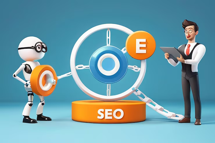 SEO 3D rendered cartoon illustration with a robot and a person