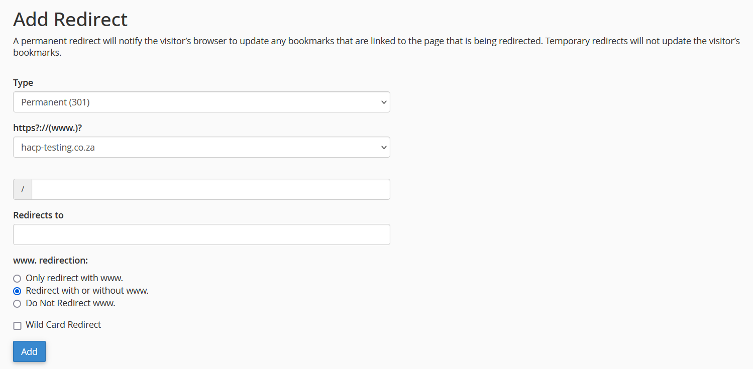Add redirect in cPanel