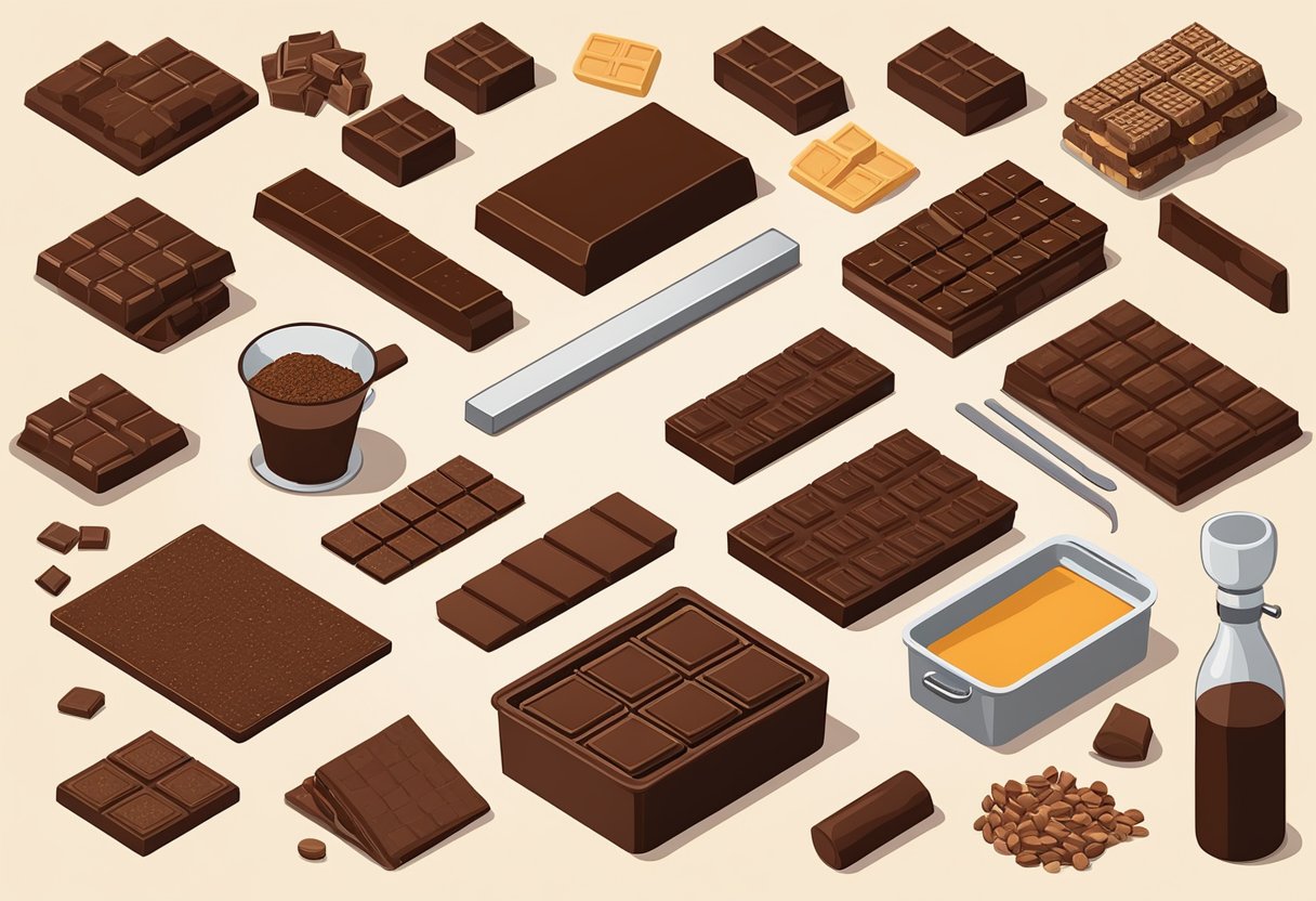 A table filled with various types of chocolate bars, cocoa powder, and baking tools. A chef's hat and apron are neatly hung on a hook