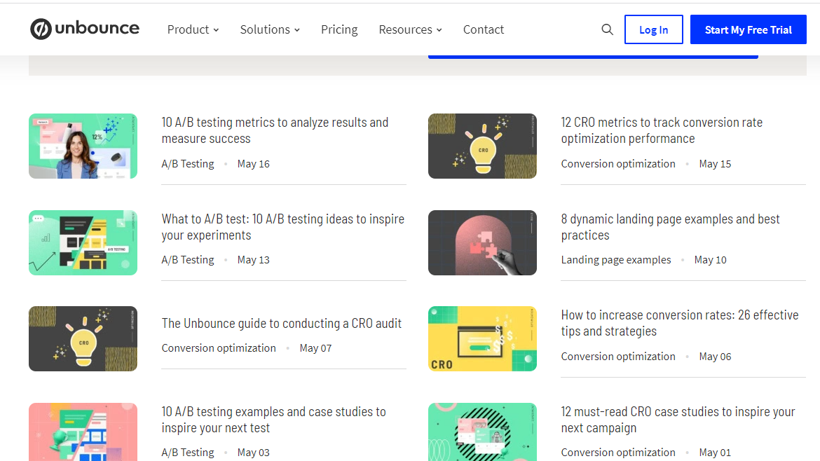 Homepage of Unbounce - Marketing blog example