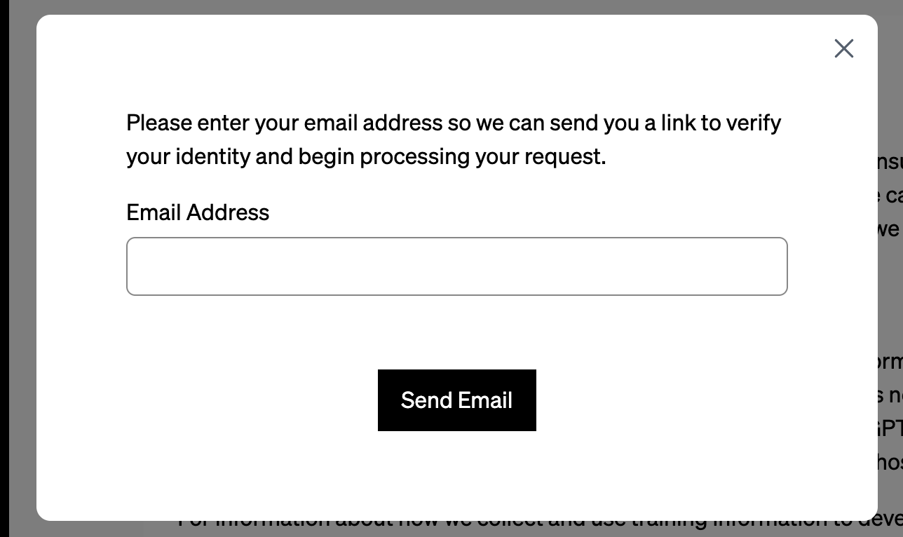 OpenAI公式のOpenAI Privacy Request Portalで連絡用のメールアドレスを入力する画面